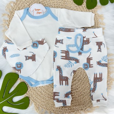 Conj. Body Manga Longa, Calça e Babador Bandana Safari Grande - Azul e Off 